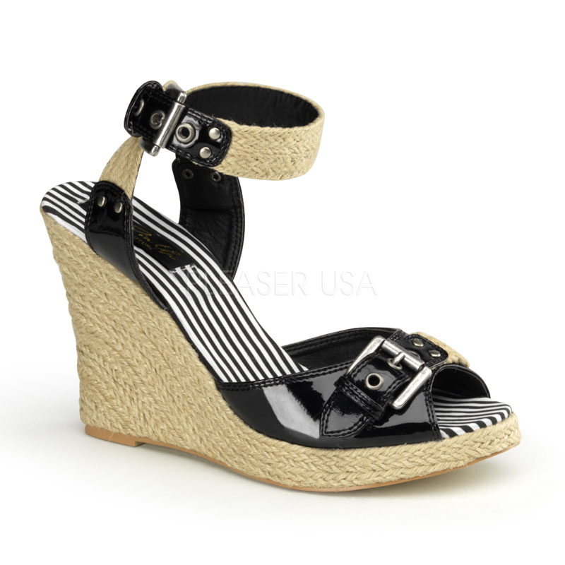 PINUP COUTURE TOOTSIE-09 4" Wrap Around Wedge Sandal W/ Dual Buckles Blk Pat