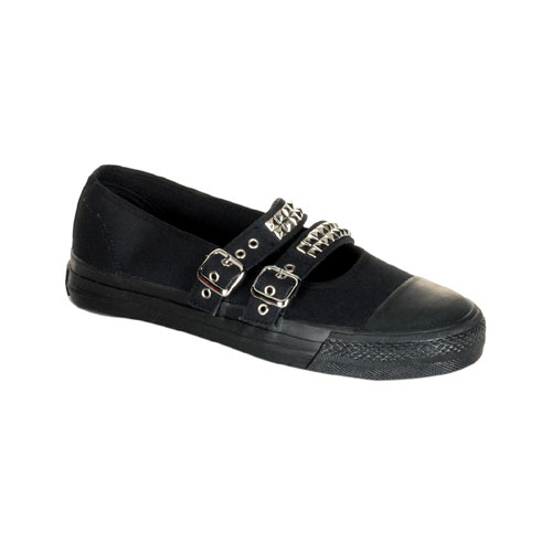 CLEARANCE TROUBLE-04 *Studded double strap MaryJane Blk CanvasSneaker BLK CANVAS