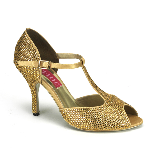 BORDELLO VIOLETTE-01R 3 1/2" Rhinestoned T-Strap Peep Toe Pump Gold Rhinestones