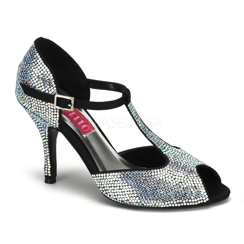BORDELLO VIOLETTE-01R 3 1/2" Rhinestoned T-Strap Peep Toe Pump Iridescent Rhinestones