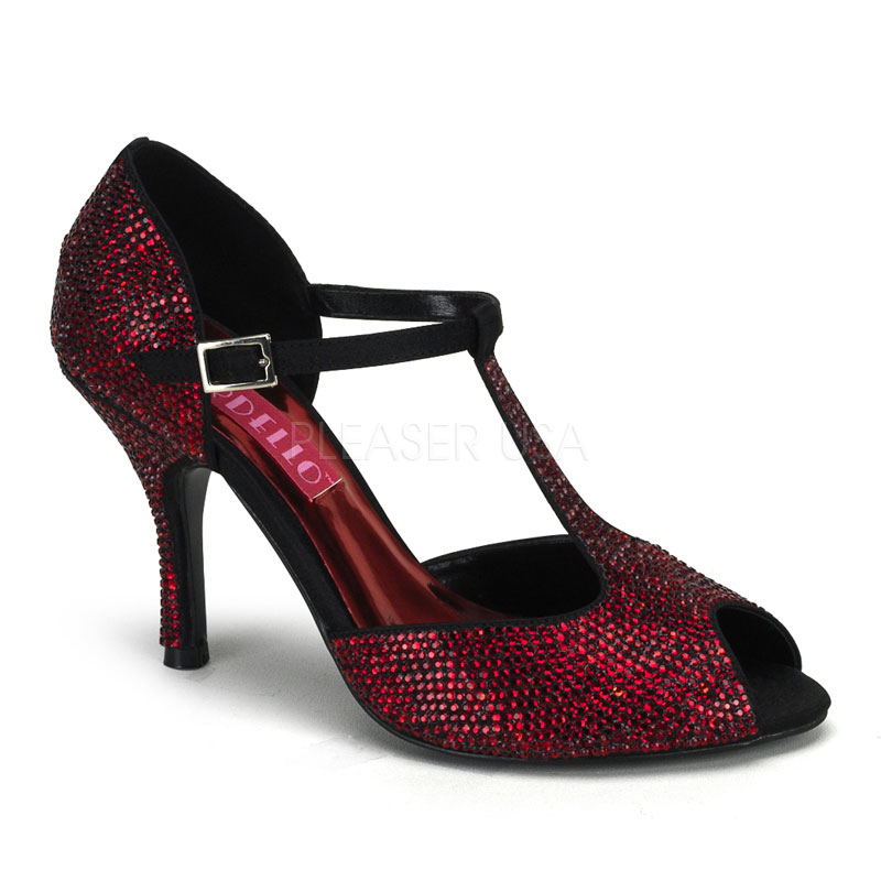 BORDELLO VIOLETTE-01R 3 1/2" Rhinestoned T-Strap Peep Toe Pump Red Rhinestones