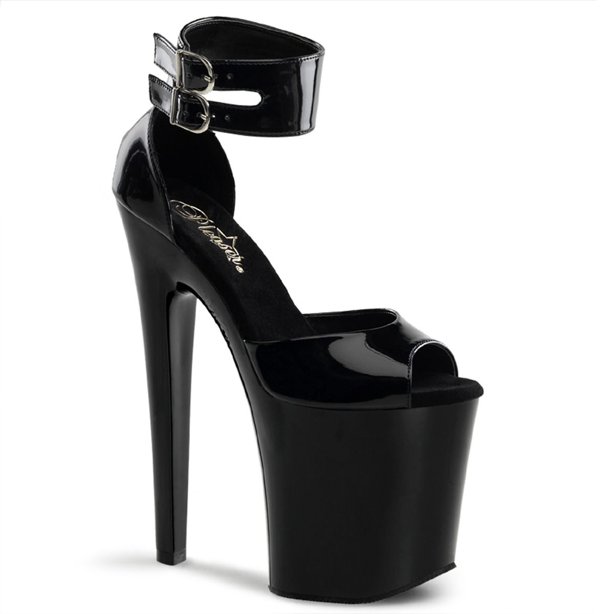 PLEASER XTREME-875 8 " Spike Heel P/F Sandals Blk Pat/Blk