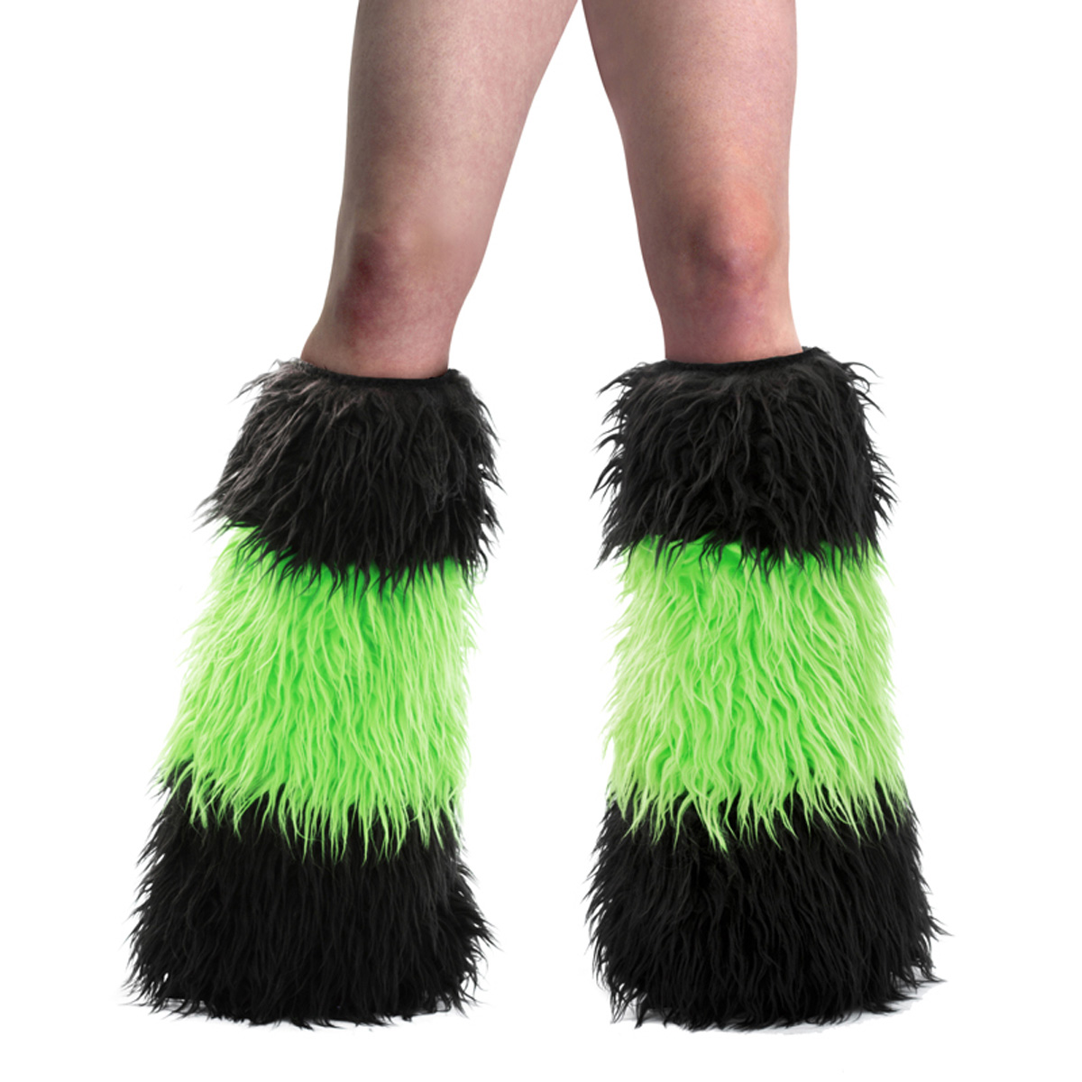 ACCESSORIES YETI-03 3 Stripe, UV Reactive Furry Faux Fur Leg Warmers/Boot Covers Blk-Neon Green Faux Fur