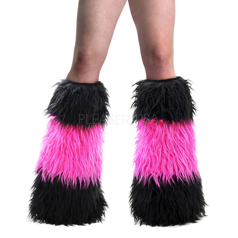 ACCESSORIES YETI-03 3 Stripe, UV Reactive Furry Faux Fur Leg Warmers/Boot Covers Blk-Neon Pink Faux Fur