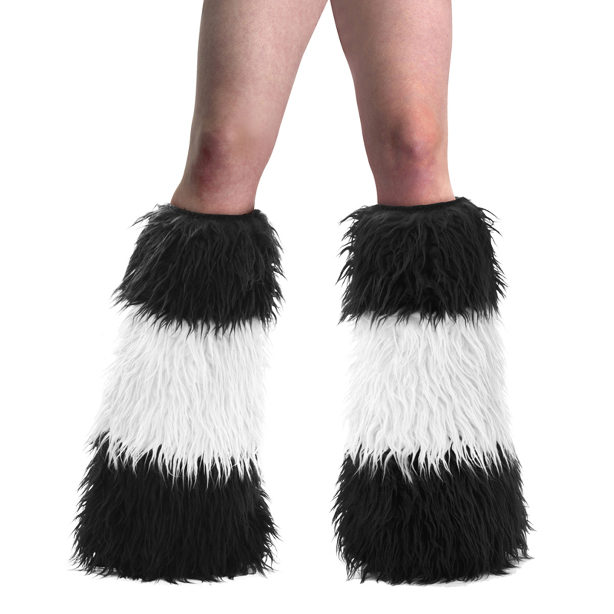 ACCESSORIES YETI-03 3 Stripe, UV Reactive Furry Faux Fur Leg Warmers/Boot Covers Blk-Neon Wht Faux Fur