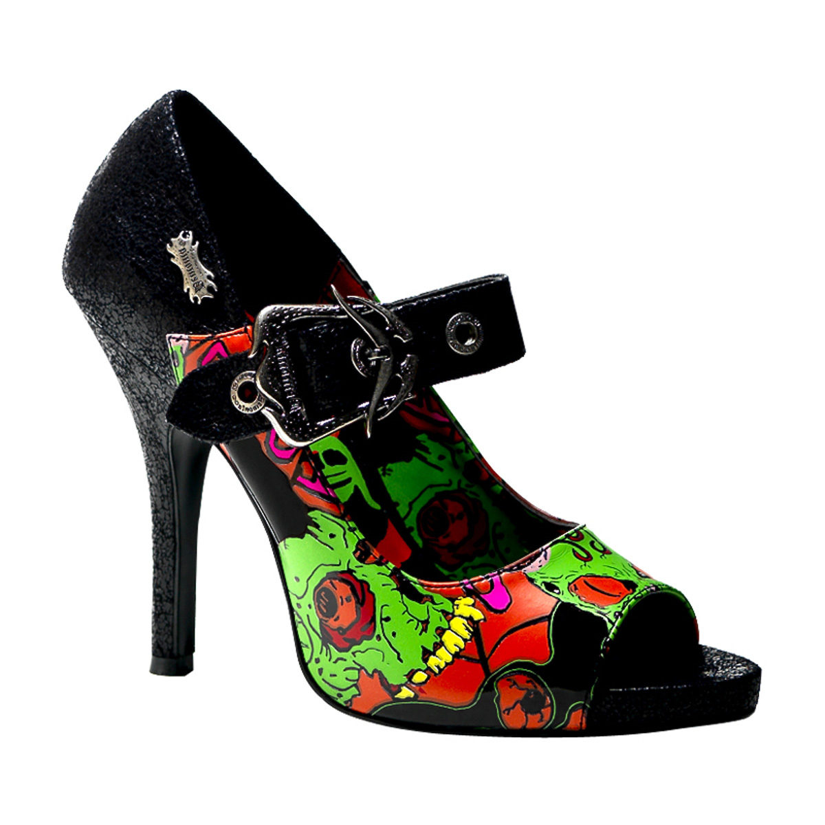 DEMONIA ZOMBIE-07 Peep Toe MJ W/ Demonia Zombie Horror Collage Blk Turtle Pu