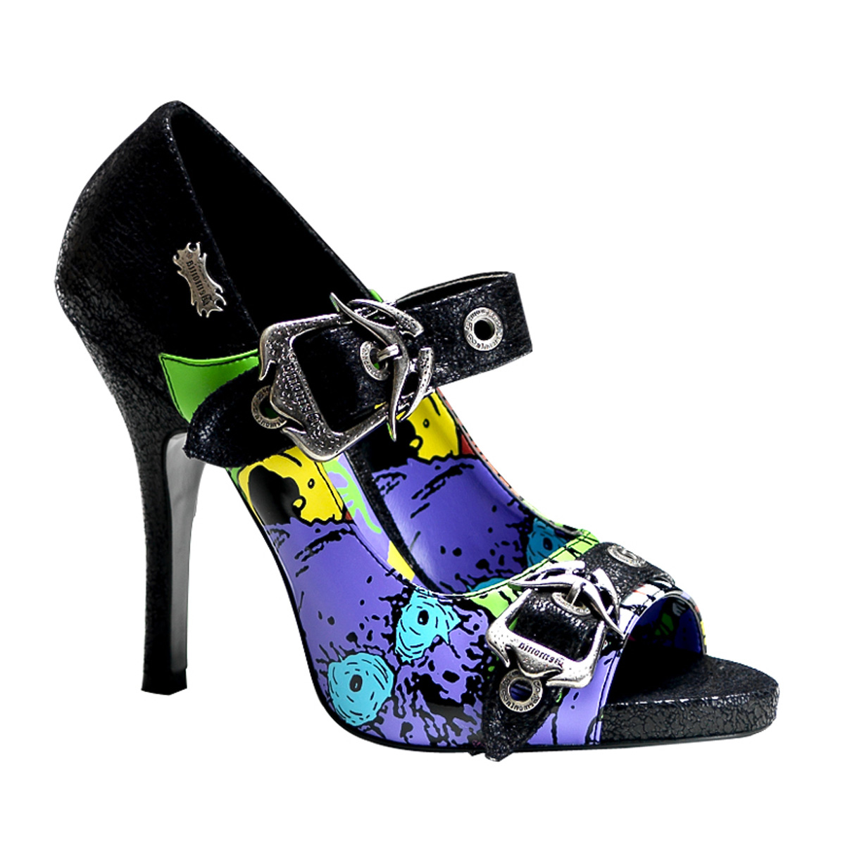 DEMONIA ZOMBIE-09 4 1/2" Peep Toe Maryjane W/ Demonia Reaper Print Blk Turtle Pu