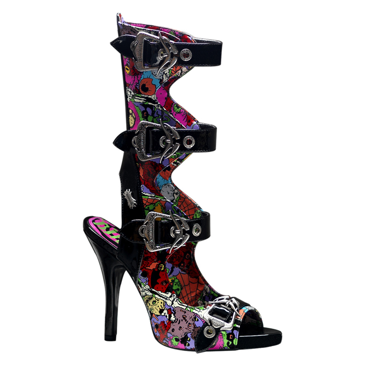 DEMONIA ZOMBIE-102 4 1/2" 4 Buckle Sandal W/ Creepy Eyeballs Print Blk Pat