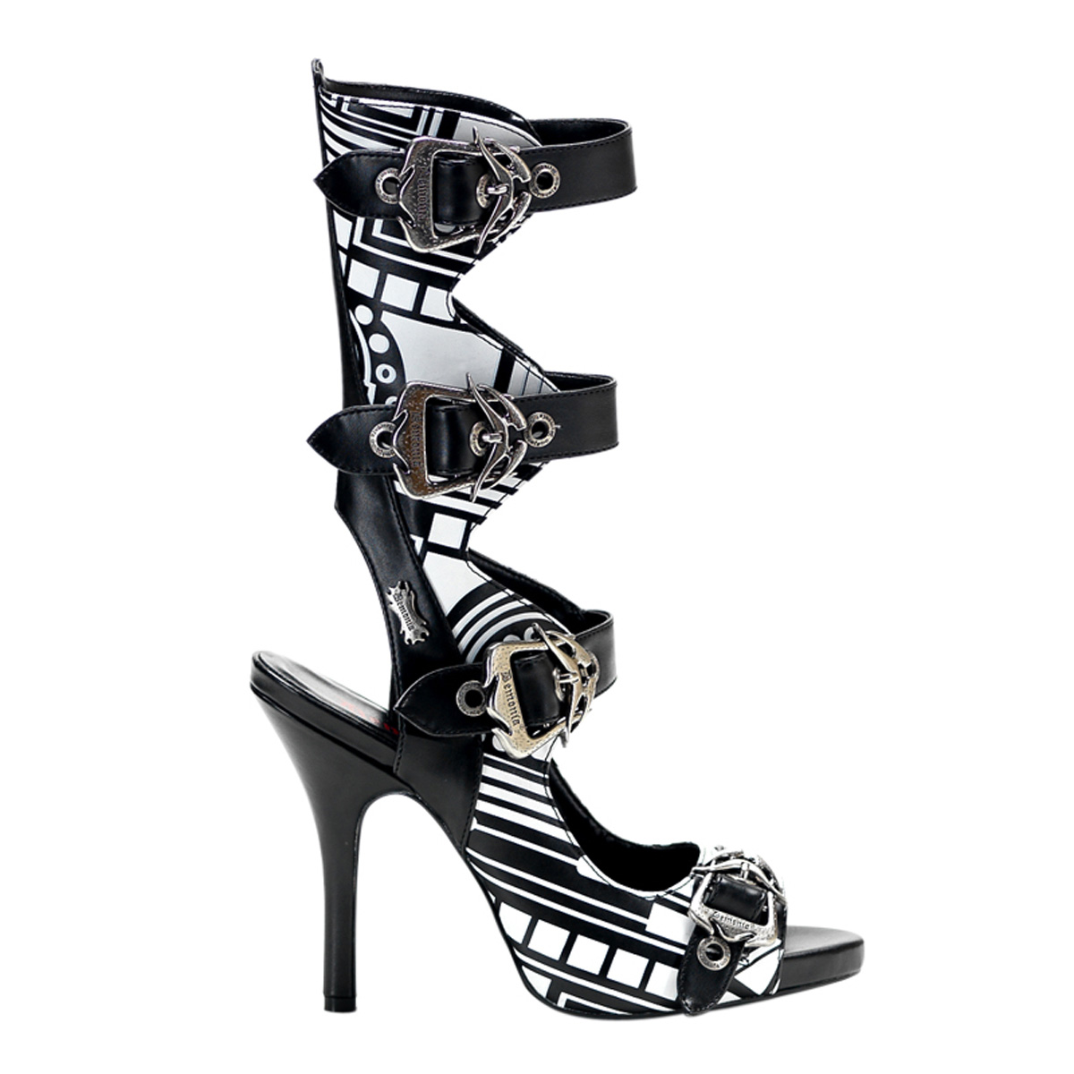 DEMONIA ZOMBIE-106UV 4 1/2" 4 Buckle Sandal W/ Cyber UV Print Blk Pu-UV Wht